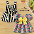 Girl's Puff Sleeve Floral & Black Line Frocks (Combo Pack Of 2) For Baby Girl's.