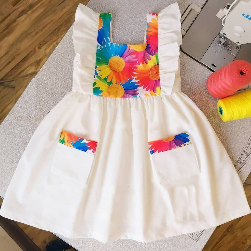 Stylish BabyGirl's White Pocket & Yellow Multi Lining & Multicolor Lining Dresses_Frocks 3 Combo for Kids.