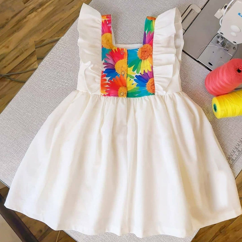 Stylish BabyGirl's White Pocket & Yellow Multi Lining & Multicolor Lining Dresses_Frocks 3 Combo for Kids.