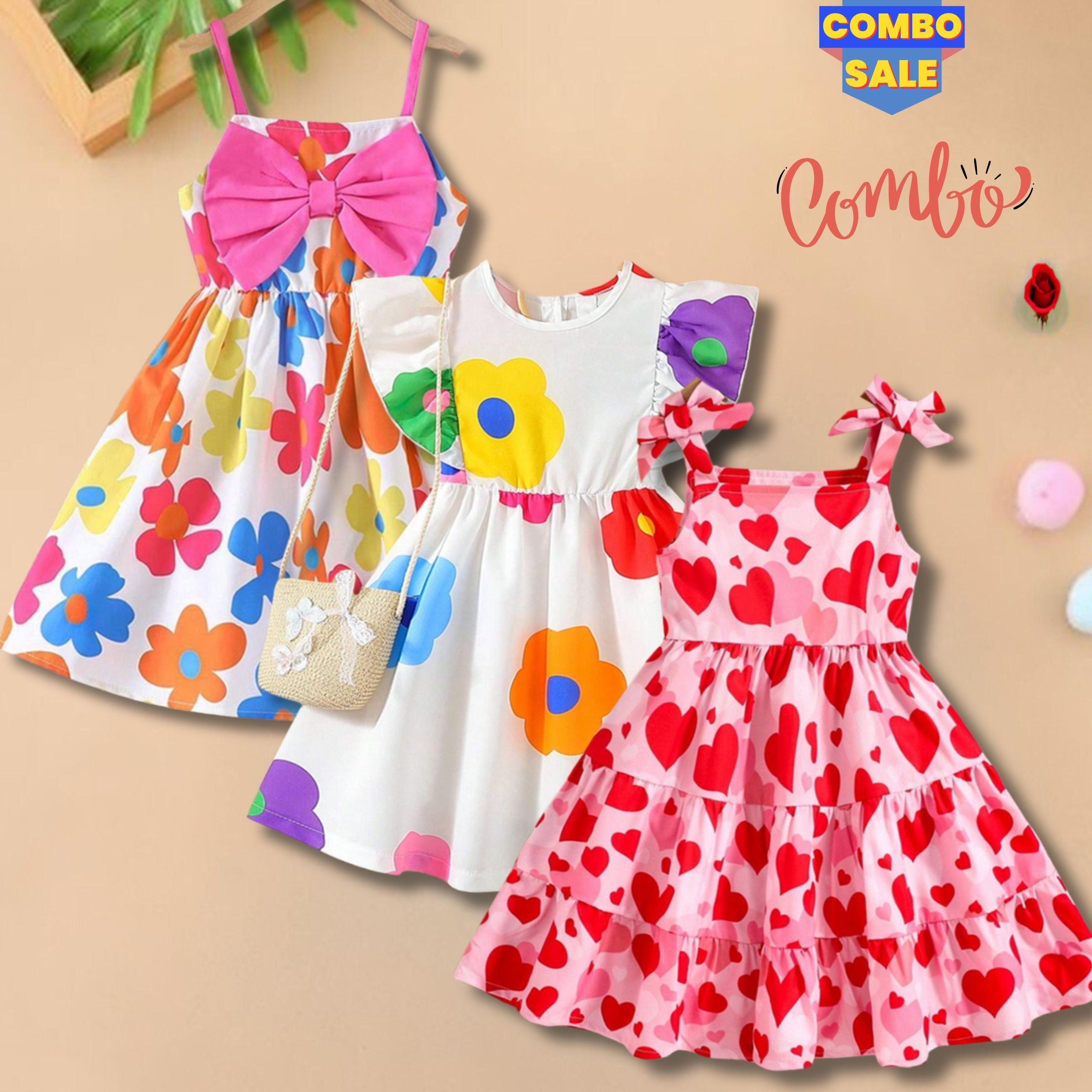 Stylish BabyGirl's Floral & Multi Heart Dresses_Frocks 3 Combo for Kids.