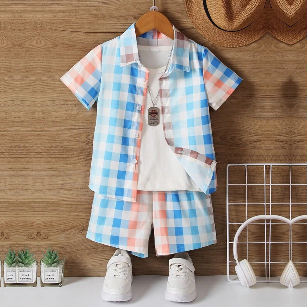 Venutaloza Baby Set Letters & Expression and Plaid Turn Down Collar (Combo Pack Of 3) Casual Printed Shirt & Shorts Without tee Two Piece Set For Boy & Girls.