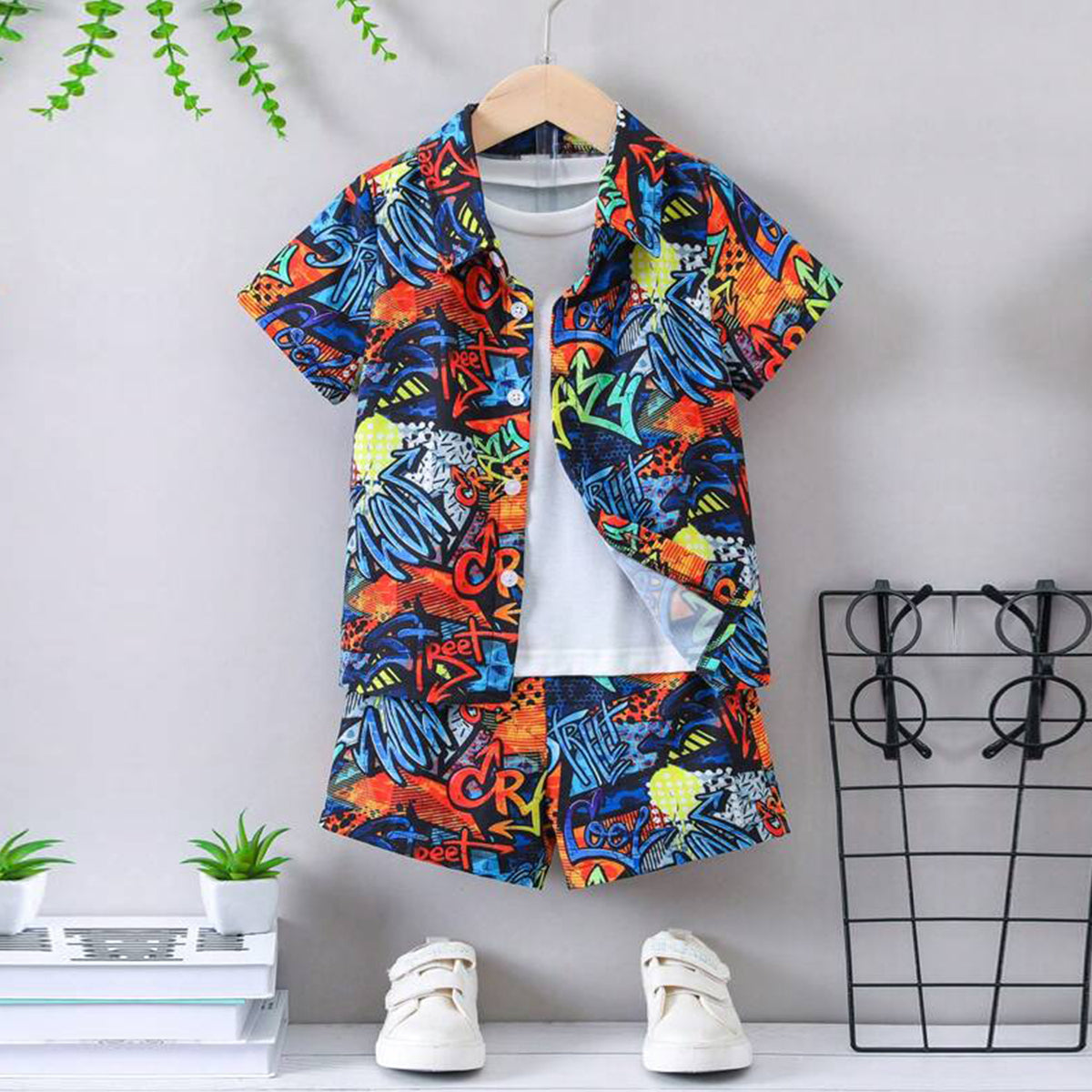 Venutaloza Baby Set Letters & Expression and Plaid Turn Down Collar (Combo Pack Of 3) Casual Printed Shirt & Shorts Without tee Two Piece Set For Boy & Girls.