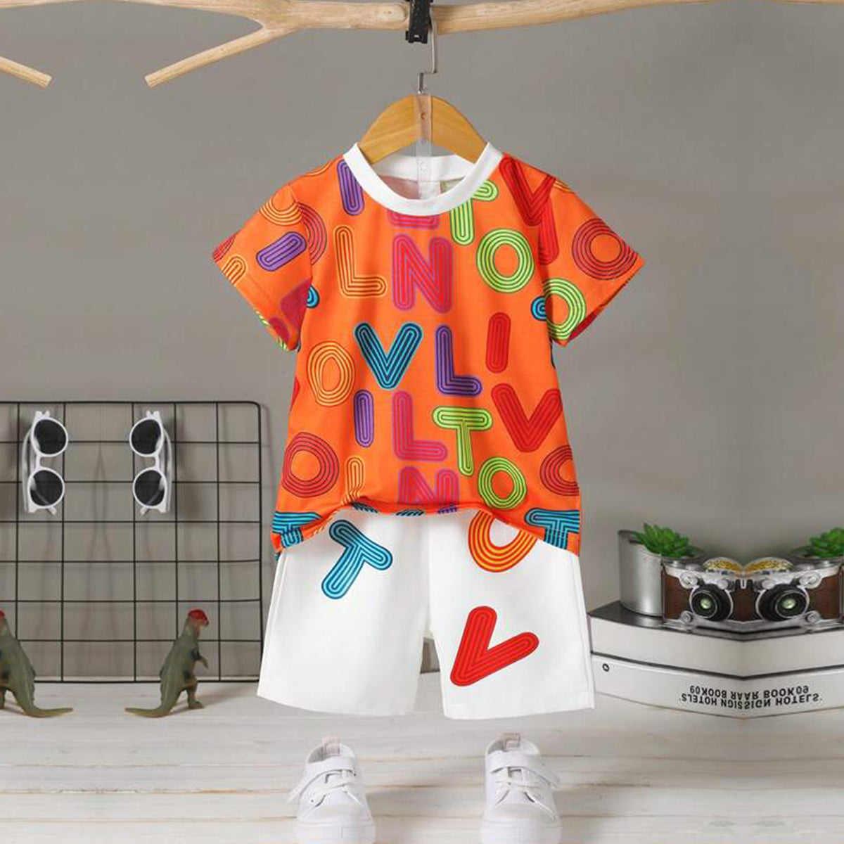 Venutaloza Stylish Baby Set Letters Casual & Hypmev Tie Dye Bear_Dinosaur Two Piece Set (Combo Pack Of 3) T-Shirt & Shorts For Boys.