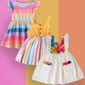 Stylish BabyGirl's White Pocket & Yellow Multi Lining & Multicolor Lining Dresses_Frocks 3 Combo for Kids.