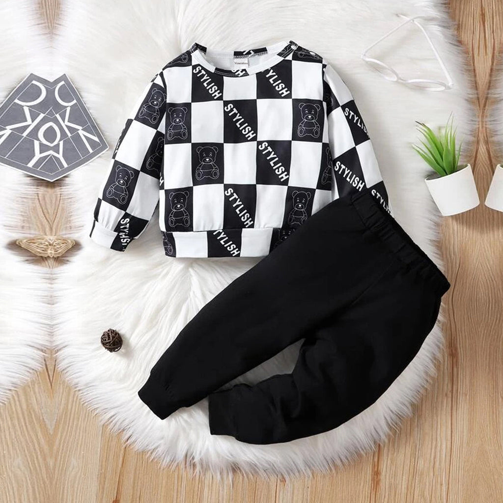 Venutaloza Stylish Baby Set Black Graphic Print & Checkerboard & Color-Block Letter (Combo Pack Of 3) T-Shirt & Pants.