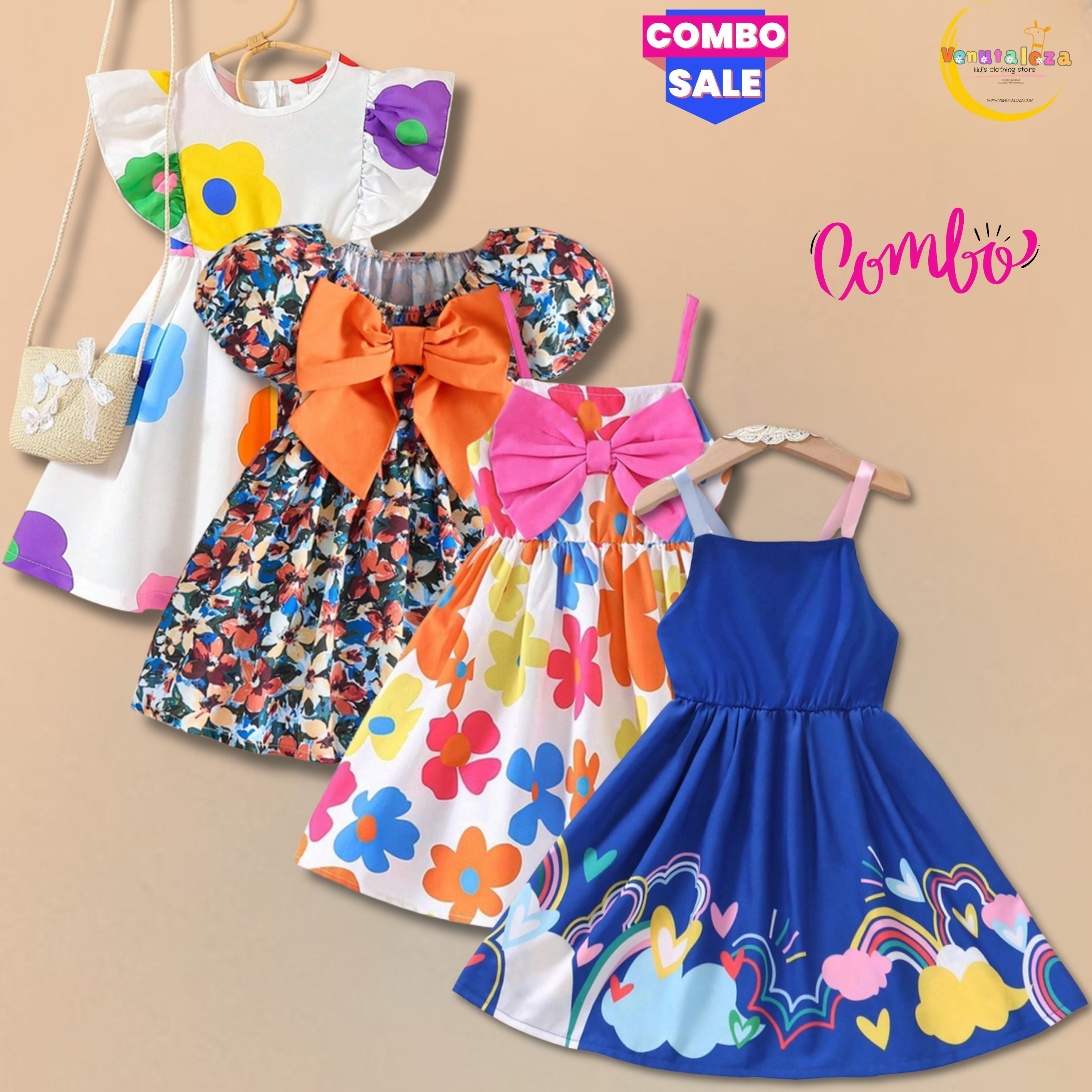 Girls Floral & Rainbow Designer Frocks (Combo Pack Of 4) For Girl's.