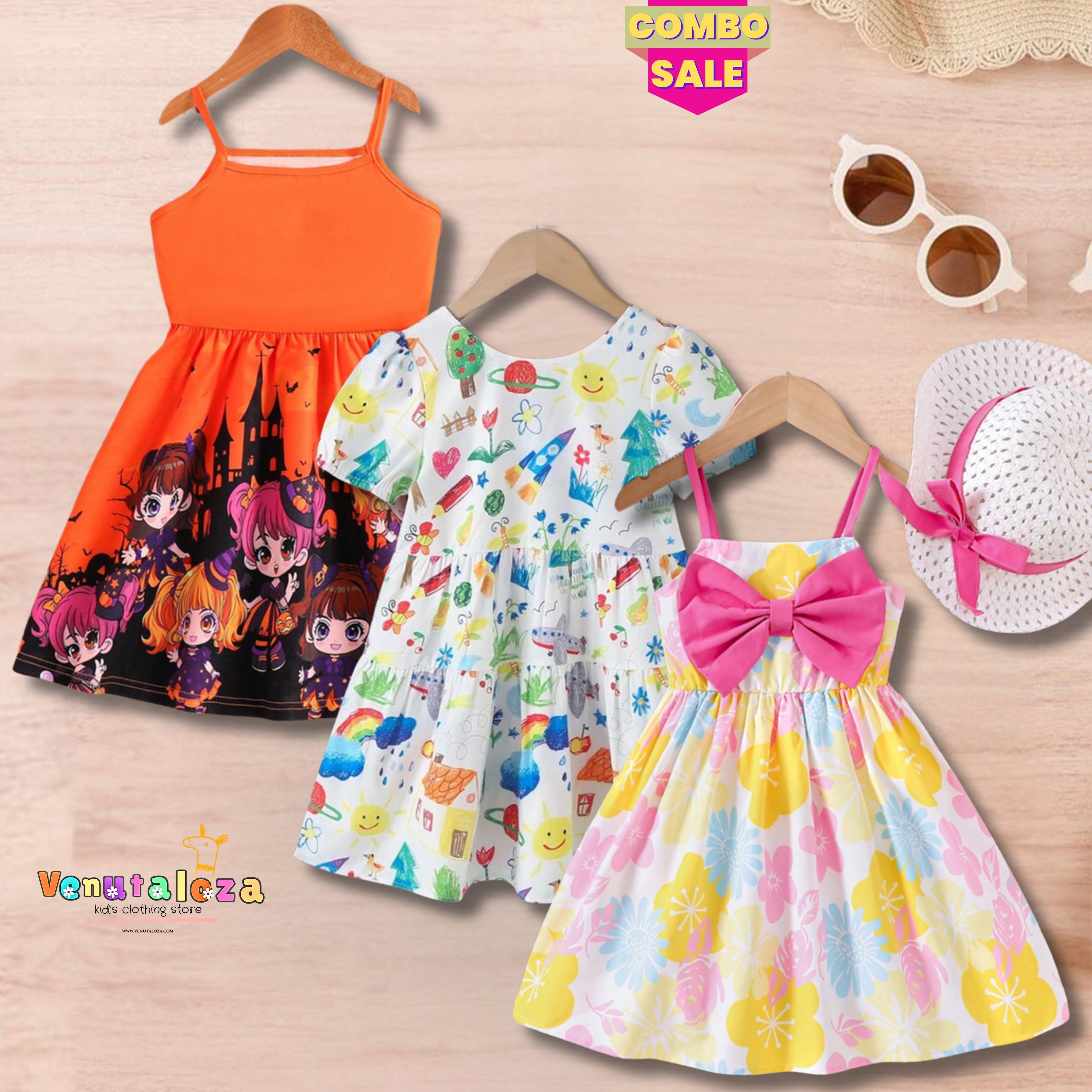 Baby Girl's Floral & Rainbow & Princess Dresses_Frocks (Combo Pack 3) for Kids.