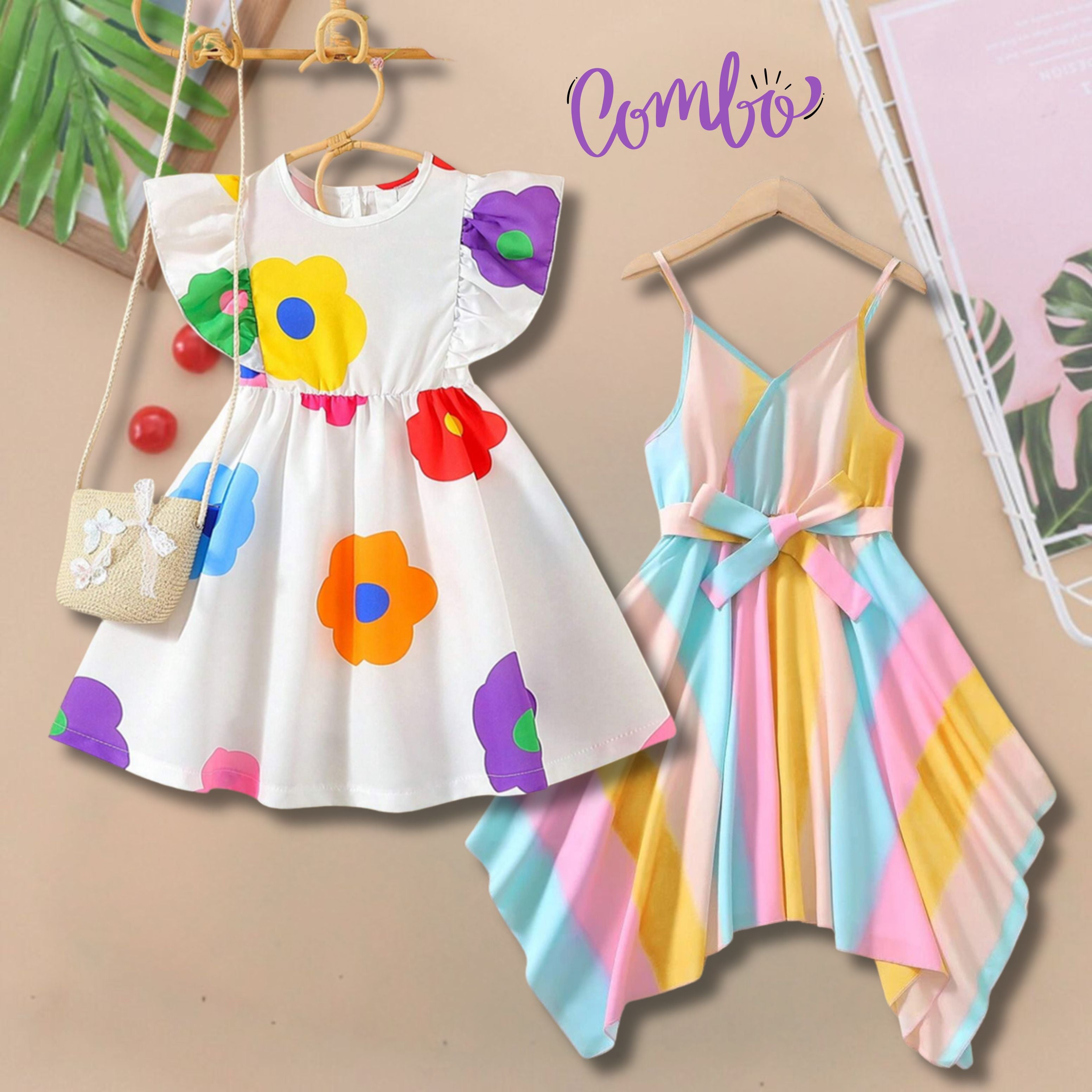 Baby Hanky Hem Belted & Round Neck Ruffle Floral  Dress (Combo Pack Of 2) For Girl's.